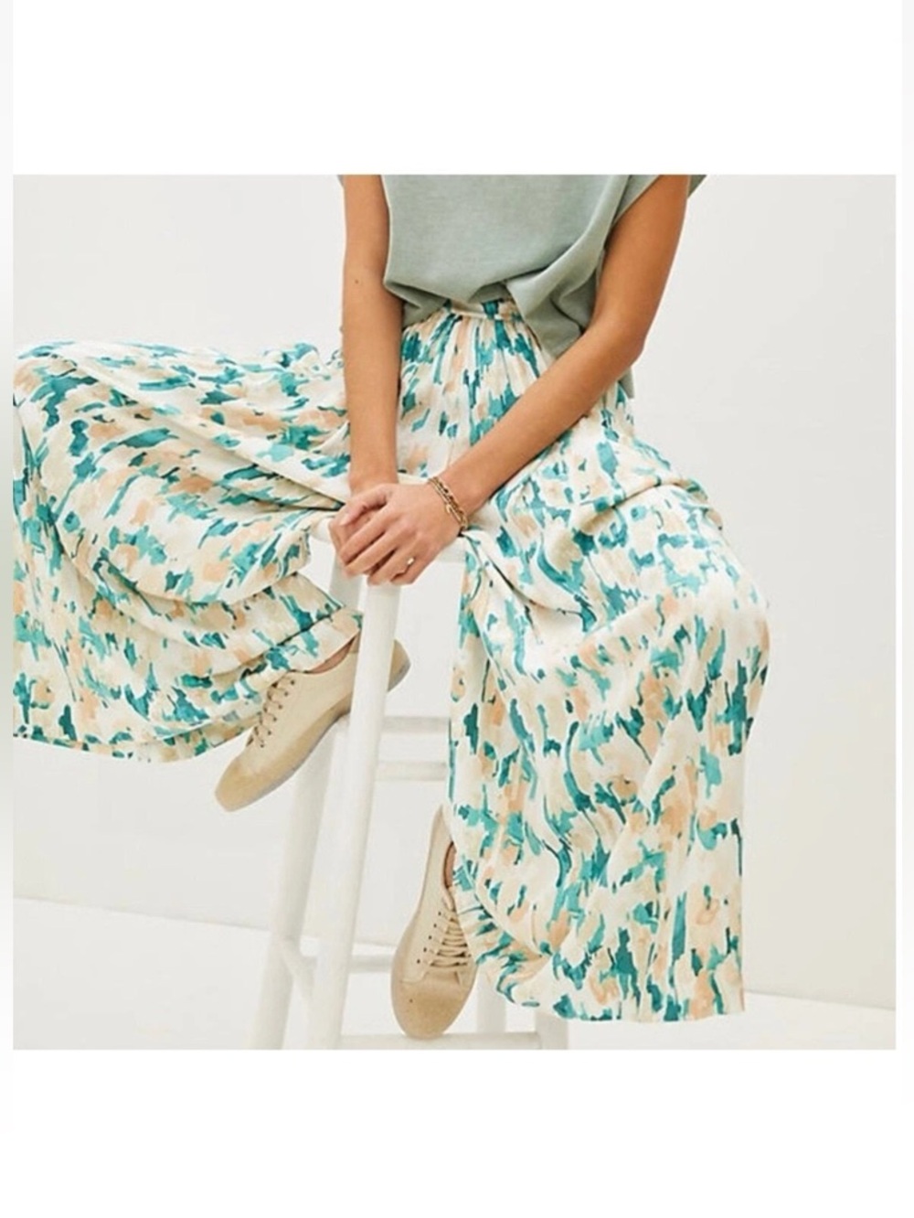 NWT Anthropologie Maeve Women's Gabriella Wide-Leg Pants Teal cream boho loose S